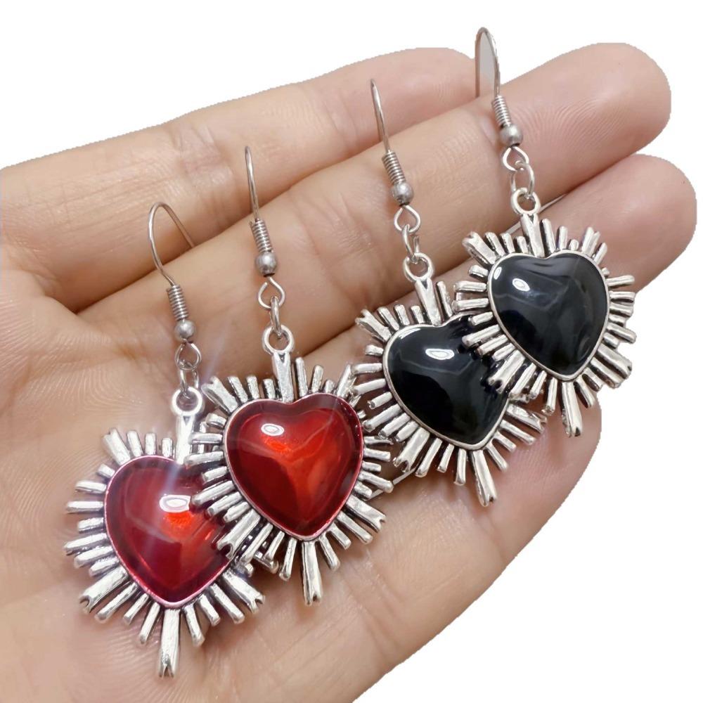 Gothic Romantic Handicrafts Silver Color-edged Red Black Sacred Heart Dangle Earrings Necklace for Women Halloween Party Jewelry