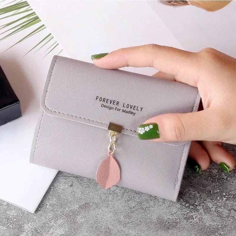 

Fashion Leaf Tri-fold Coin Purse Buckle Pendant Thin Wallet New Small Women s Short Student Korean Card Holder Ladies фіолетовий