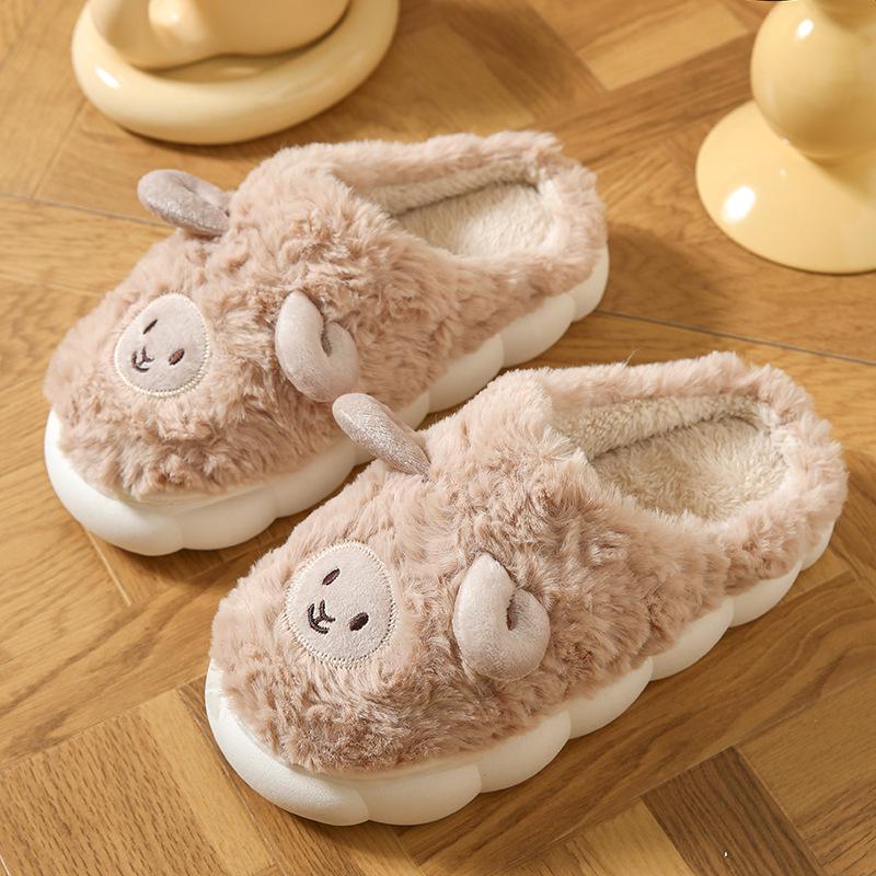 Plush Cartoon Lamb Heart Slippers for Couples - Cozy Indoor Winter Footwear for Women & Men