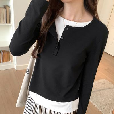 Contrast Color Fake Two-piece Long-sleeved T-shirt for Women In Autumn New Round Neck Top Loose and Versatile Niche Bottoming Shirt