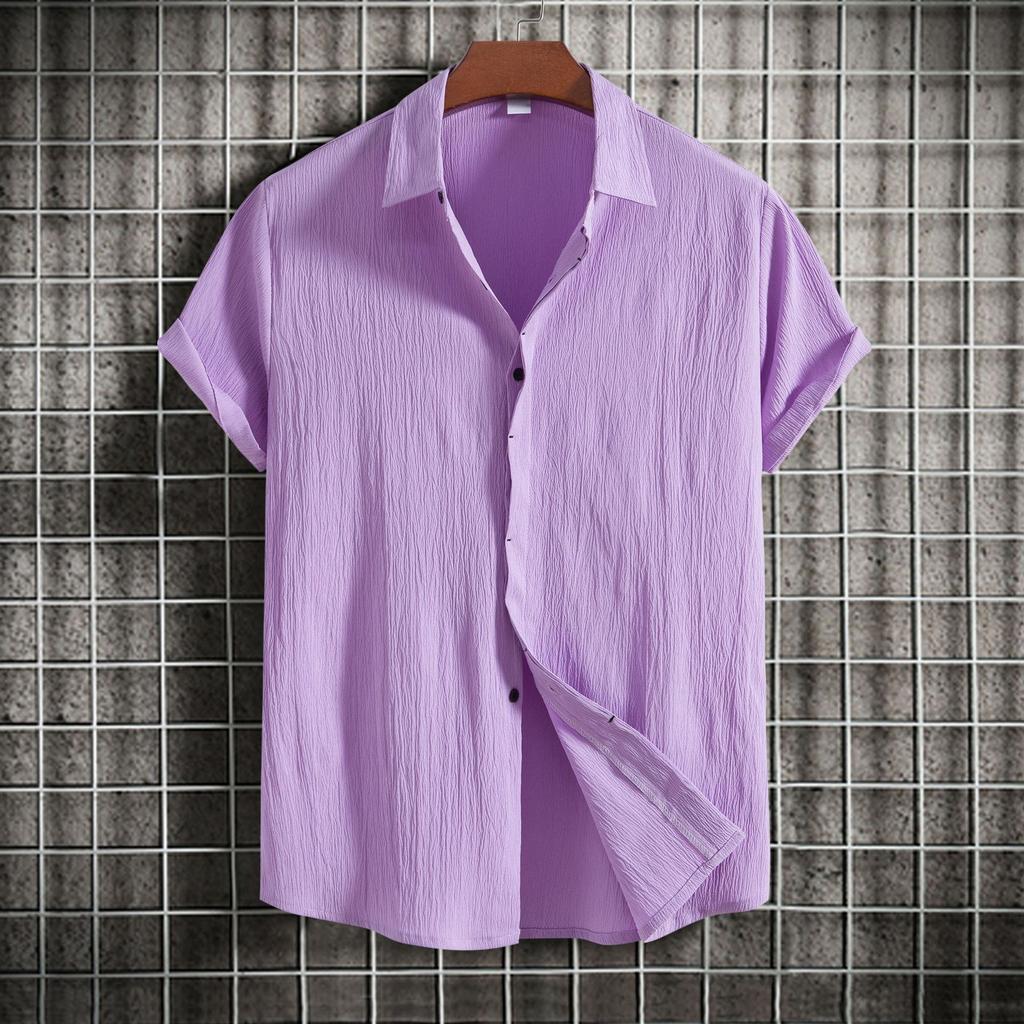 Summer Cotton Linen Shirt for Men's Lapel Loose Solid Color Hide Button Up Short Sleeve Shirts