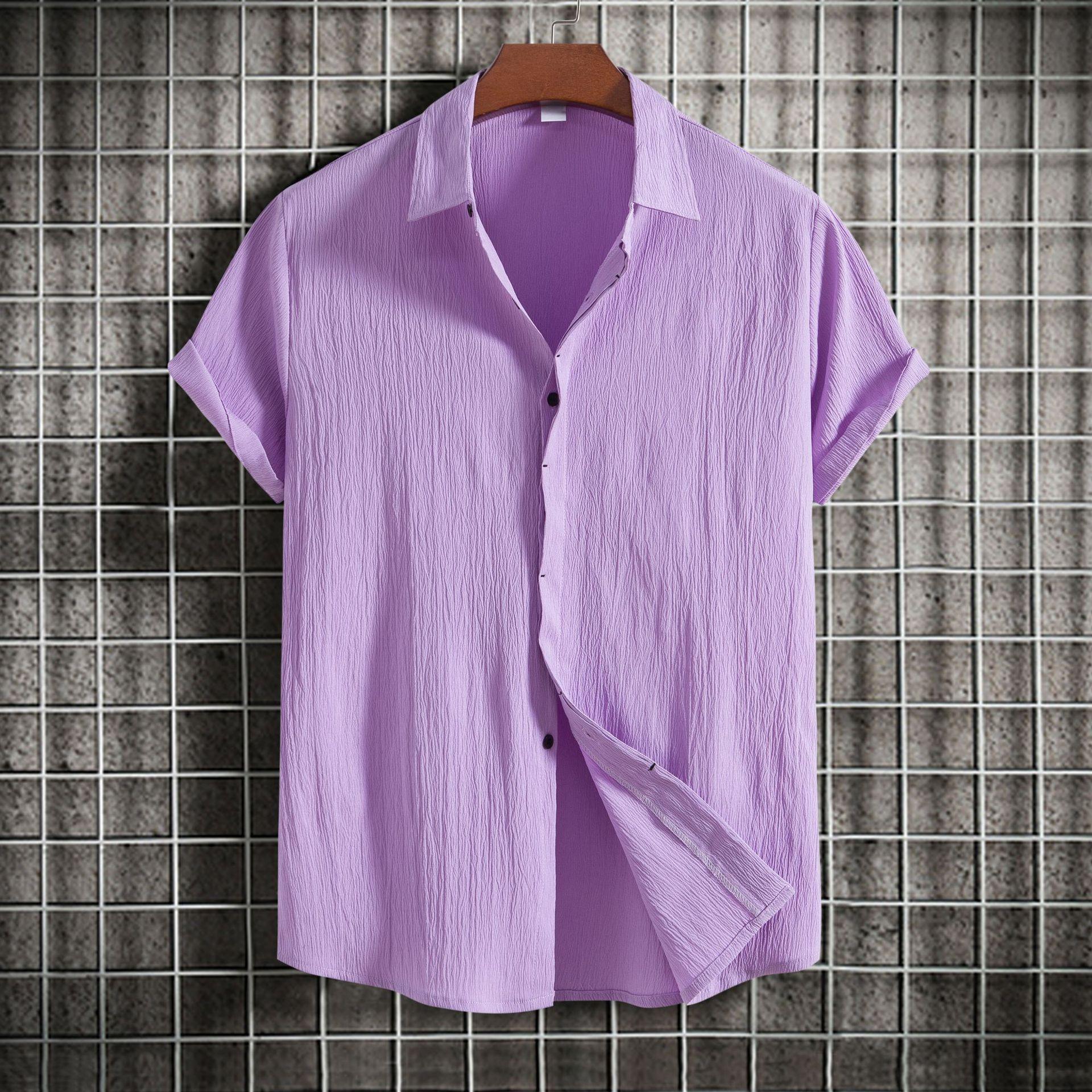 

Літня сорочка з бавовни та льону для чоловіків, вільні однотонні сорочки з короткими рукавами на ґудзиках L фіолетовий