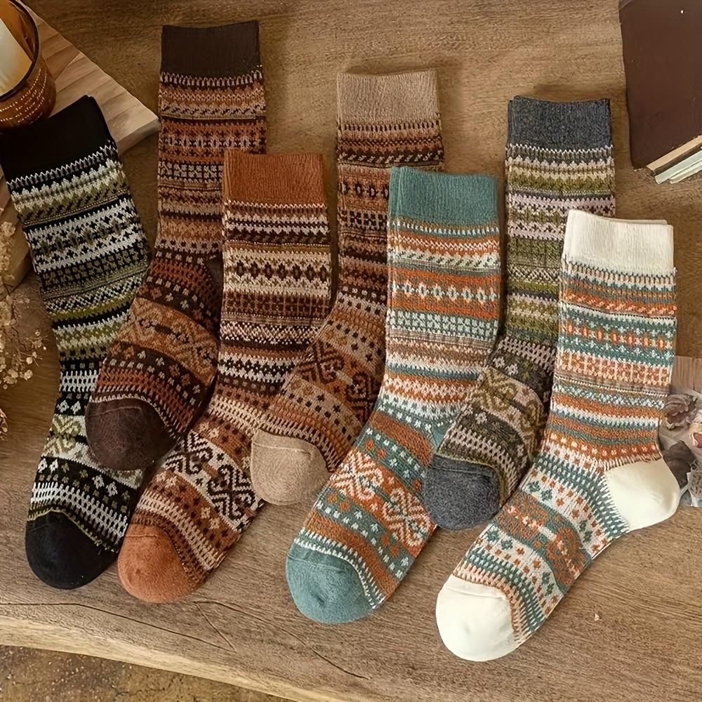 [7 Pairs Thermal Socks] 7 Pairs Women's Thermal Socks | Soft, Warm, Mid-Calf Length, Ethnic Geometric Pattern | Hand Wash Only, Casual & Formal Wear