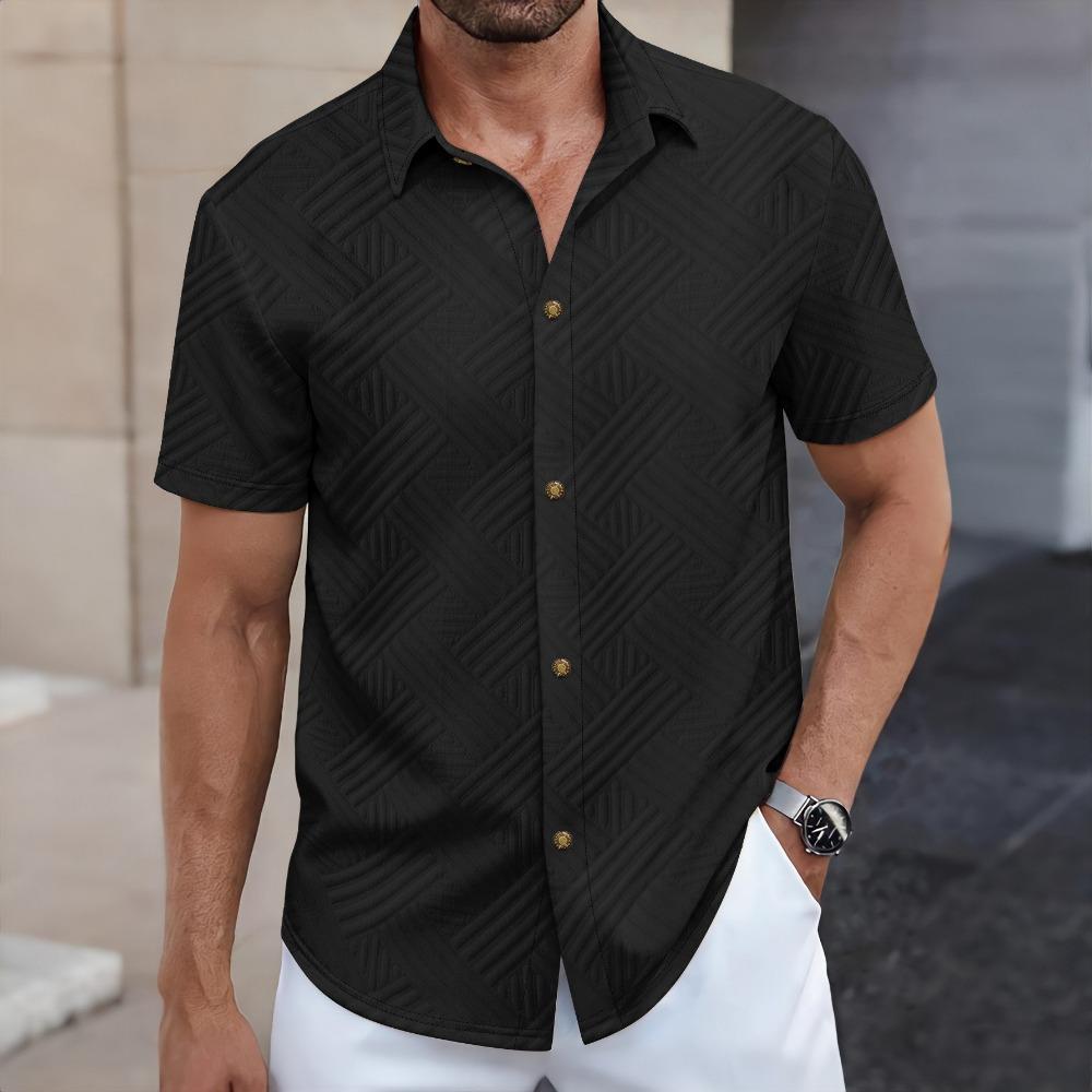 Men's Spring/Summer New Solid Color Jacquard Collar Cardigan Buckle Casual Short Sleeve Shirt Top