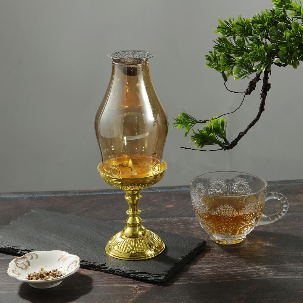 Retro Glass Candle Holder Aromatherapy Heating Holder with Metal Base Aromatherapy Incense Burner for Yoga SPA