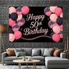 2D Black Pink Glitter 50th Birthday Backdrop with Confetti Balloons for 50th Birthday Party Photo Booth