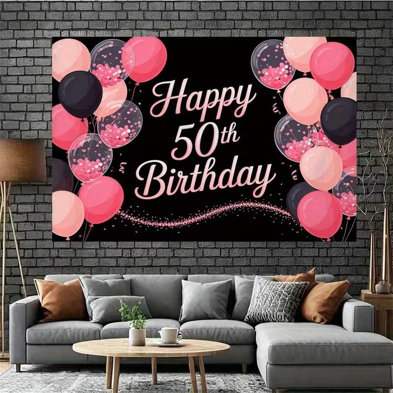2D Black Pink Glitter 50th Birthday Backdrop with Confetti Balloons for 50th Birthday Party Photo Booth