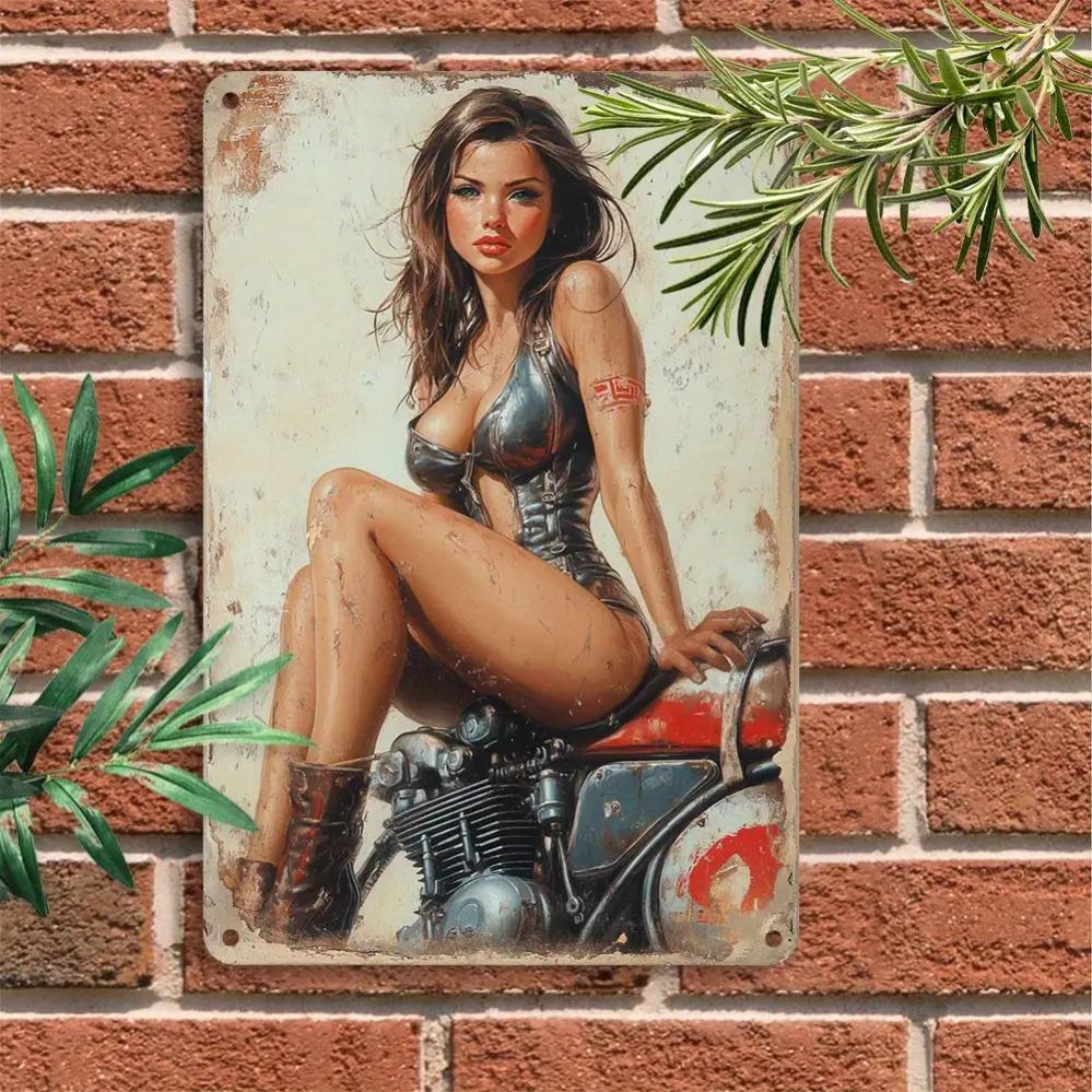 Hisun Tin Sign HD Metal Tin Sign Vintage Pin Up Girl on Motorcycle Retro Metal Poster Biker Themed Wall Art Decor for Garage Bar Man Cave Wa
