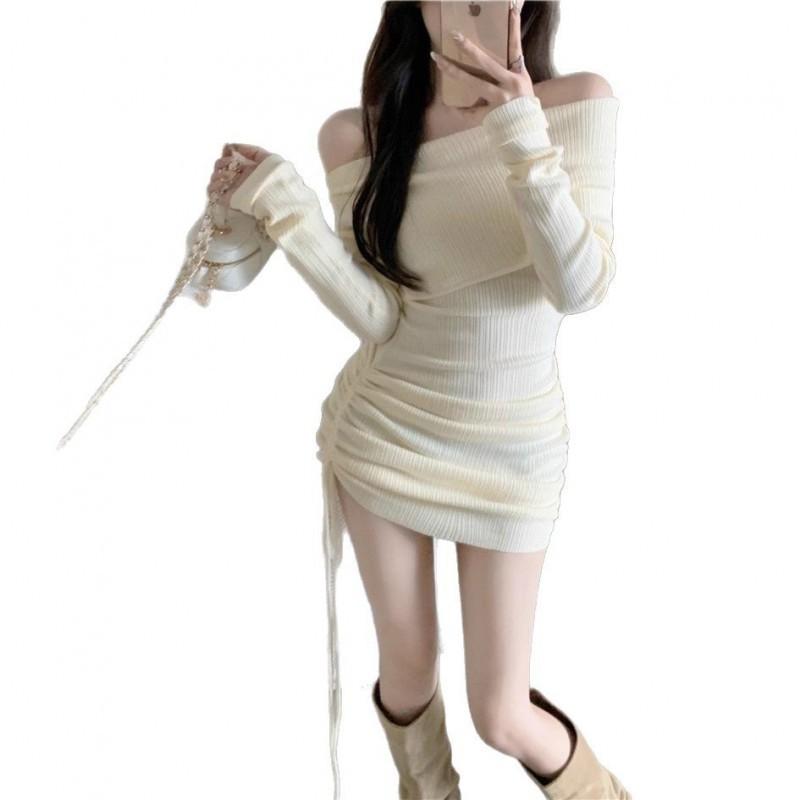 Pure Desire Hot Girl One-word Off-the-shoulder Long-sleeved Knitted Dress Women Sexy Slim Tight Drawstring Package Hip Short Skirt