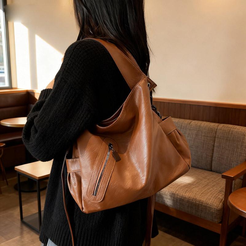 Women's Solid Color Leather Tote Bag, Fashionable Single Shoulder Crossbody Bag, Large Capacity Daily Handbag, Simple Casual Single Shoulder Bag