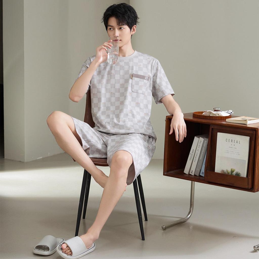 7A Antibacterial Plus Size Cotton Pajamas for Men - Short Sleeve & Shorts, Cooling, Round Neck, Summer Outerwear/Loungewear