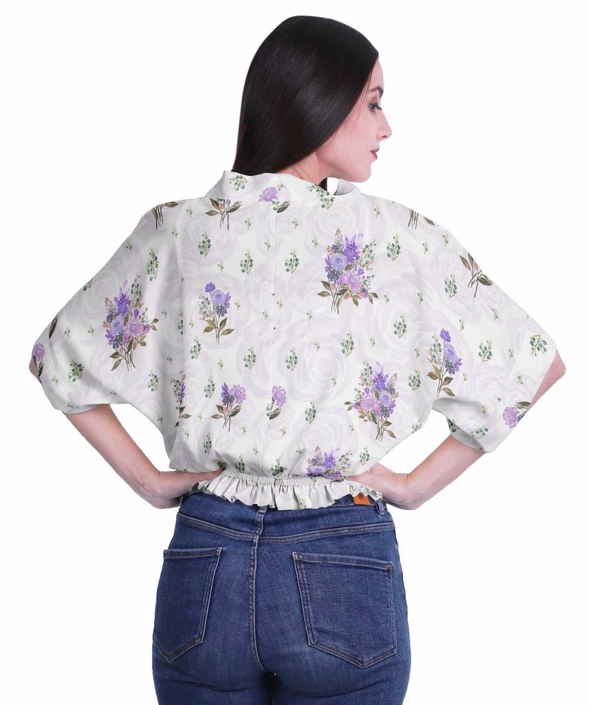 Moomaya Printed Boxy Sleeve Tops For Women V-Neck Elastic WaistA  Kimono Top