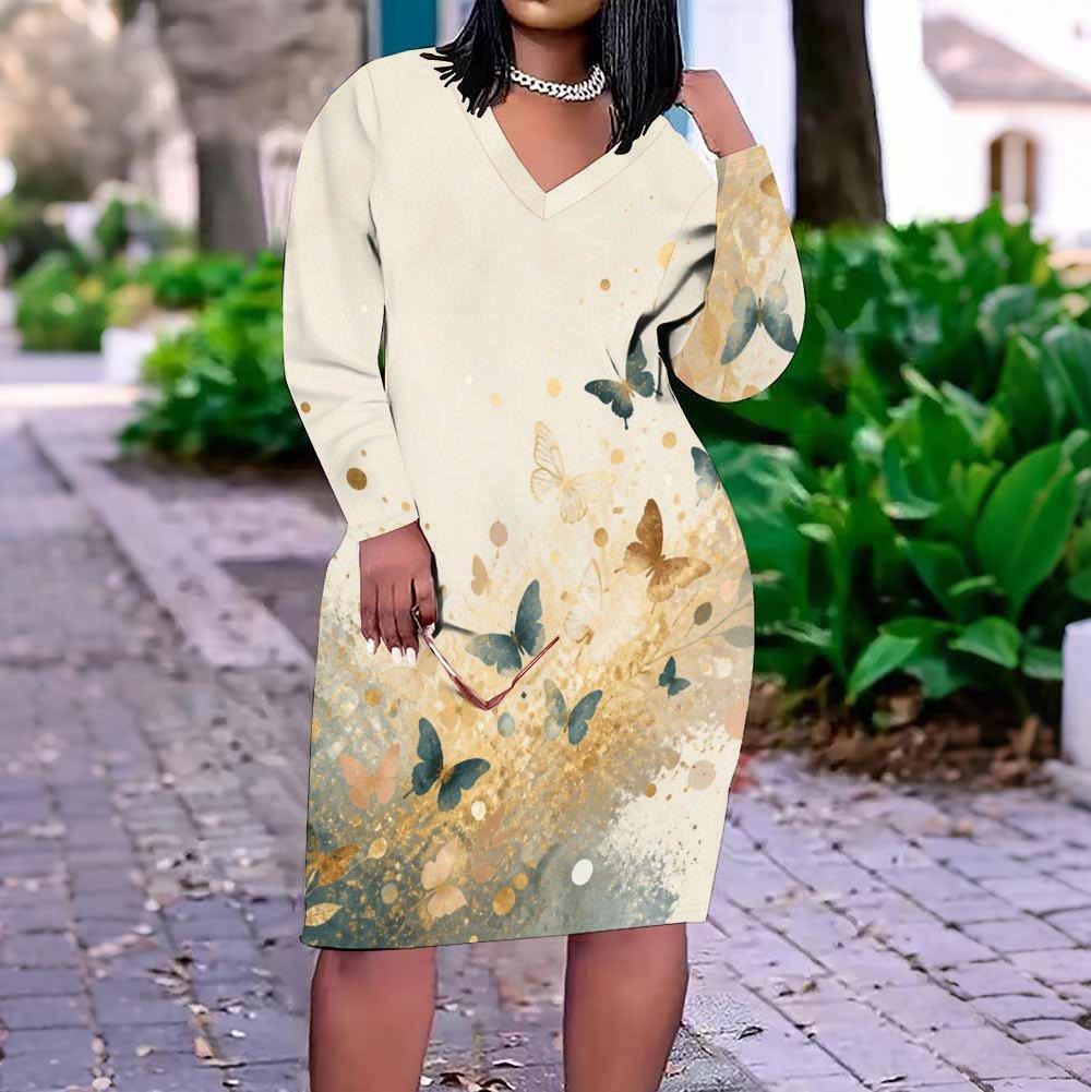 Women Plus Size V Neck Long Sleeve Floral Butterfly Printed Fitted Straight Dress