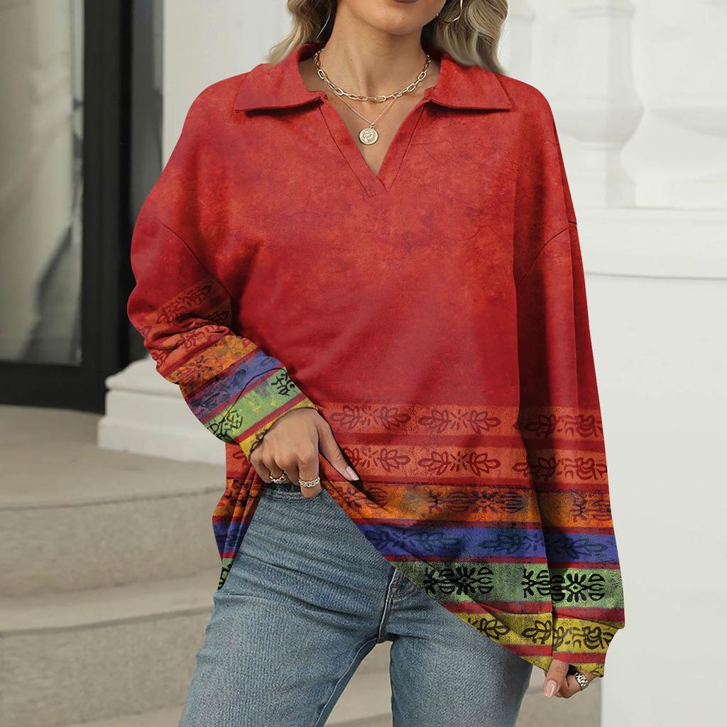Women's Summer Fashion Casual  Printed V-Neck Long Sleeve Shirt Top