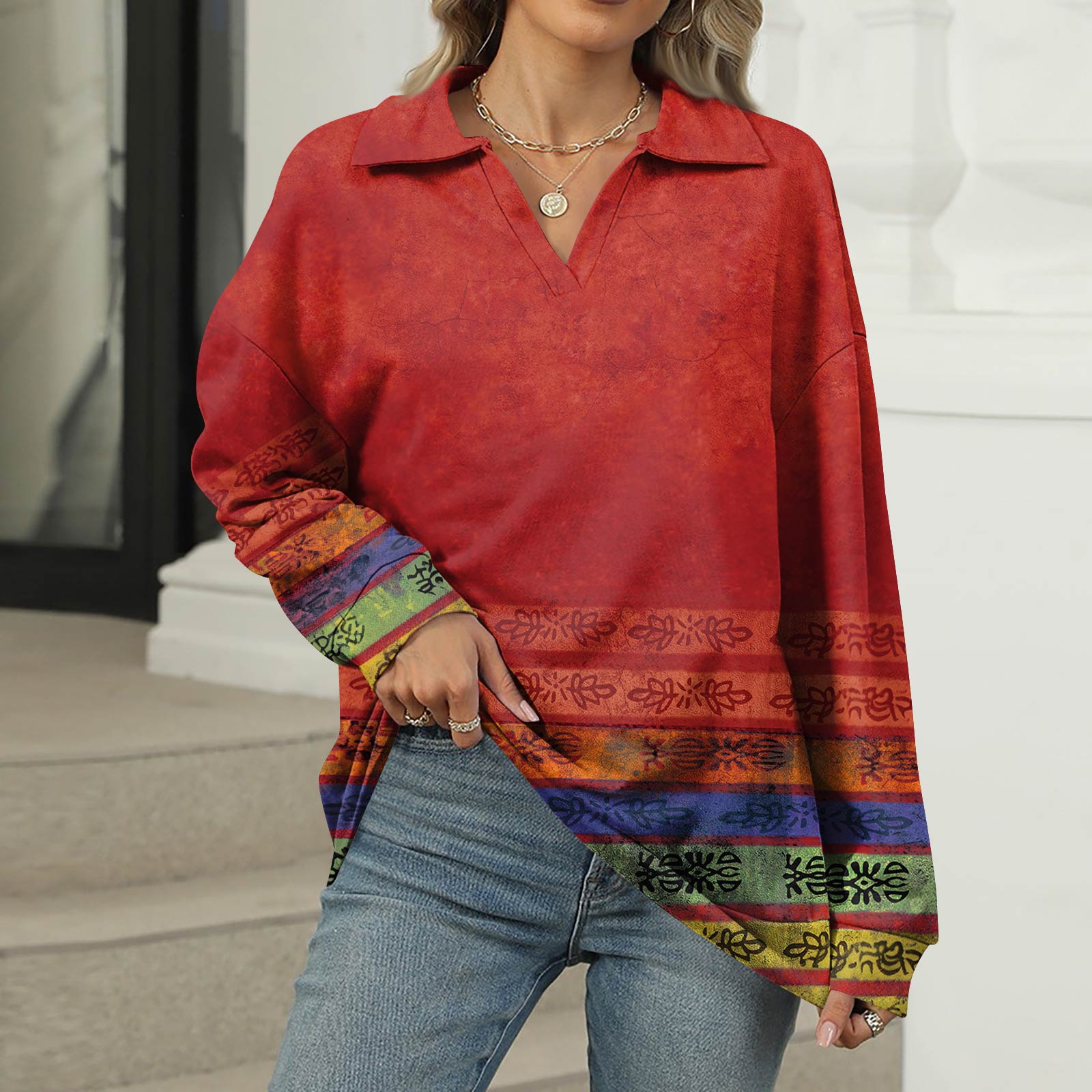 

Women s Summer Fashion Casual Printed V-Neck Long Sleeve Shirt Top M червоний