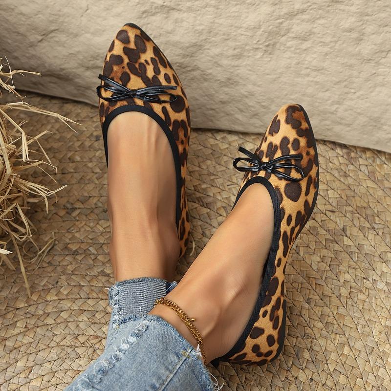 Leopard Suede Low-Top Single Shoes Women's Autumn New Pointed Toe Shallow Mouth Bow Soft Sole Soft Side Non-Slip Flats