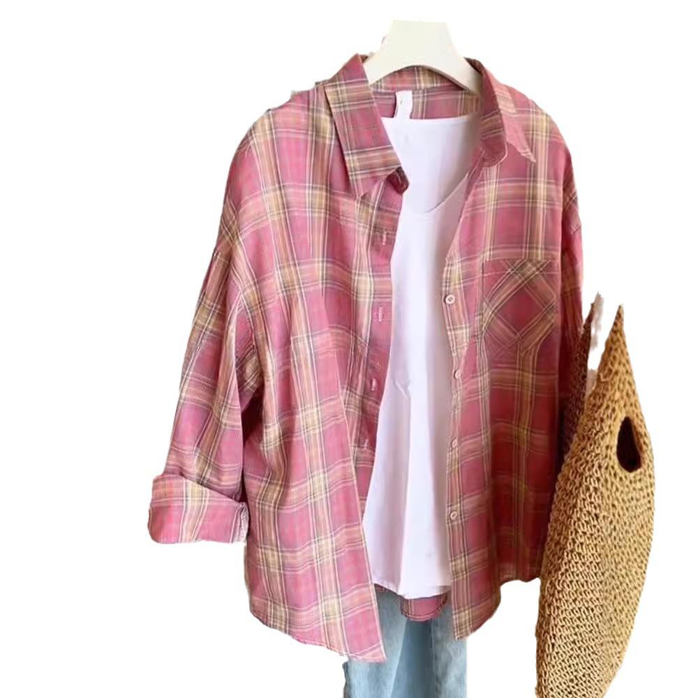 Women's Retro Pink Plaid Polo Shirt - Over 95% Cotton - Korean Style for Early Autumn