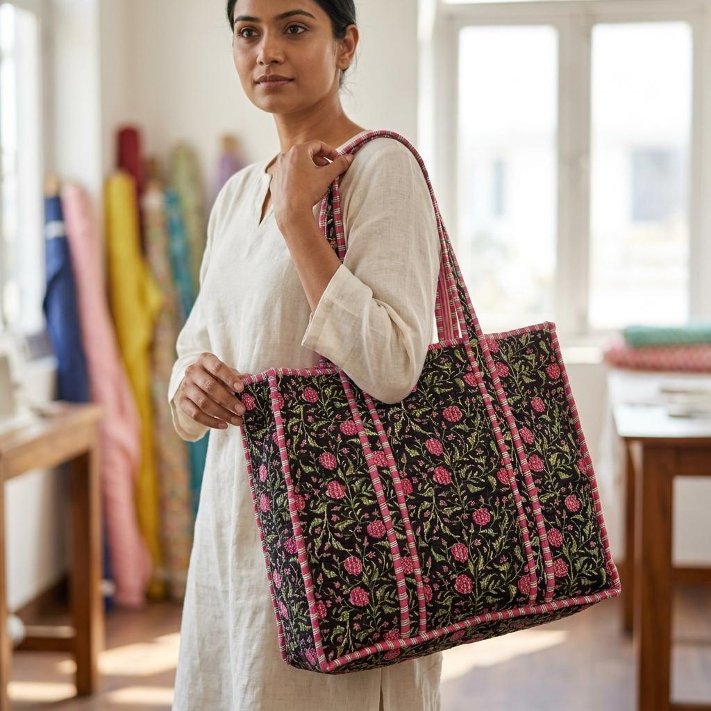 Quilted Cotton Tote Bag Floral Print Shoulder Bag