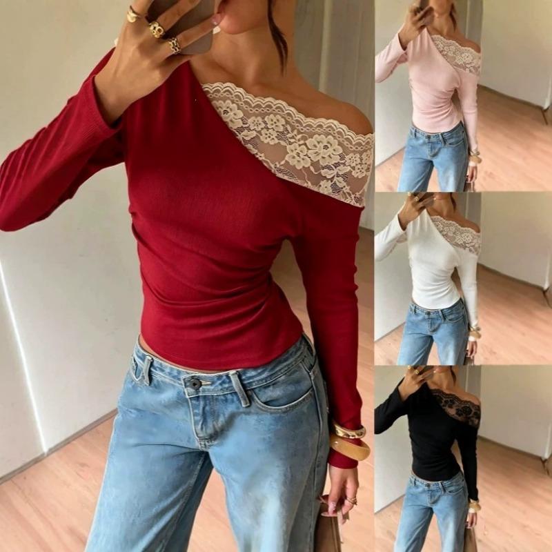 Women S French Lace Off Shoulder Long Sleeve Slim Fit T Shirt