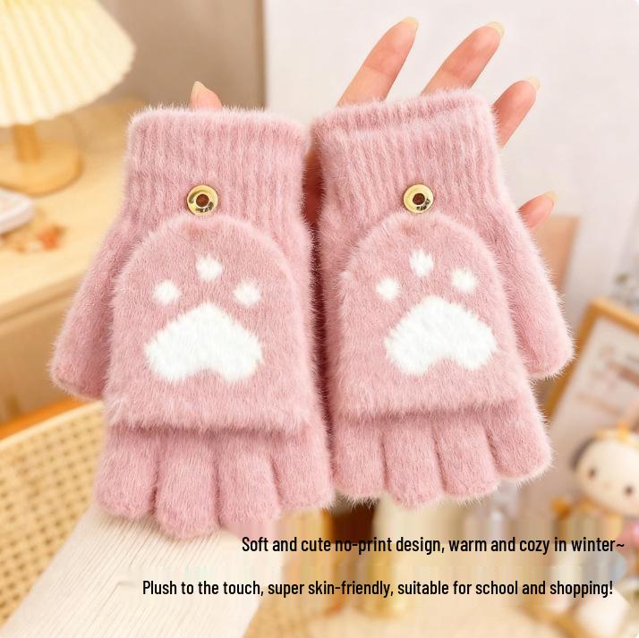 Cute Cat Paw Half-Finger Flip-Top Gloves for Autumn/Winter