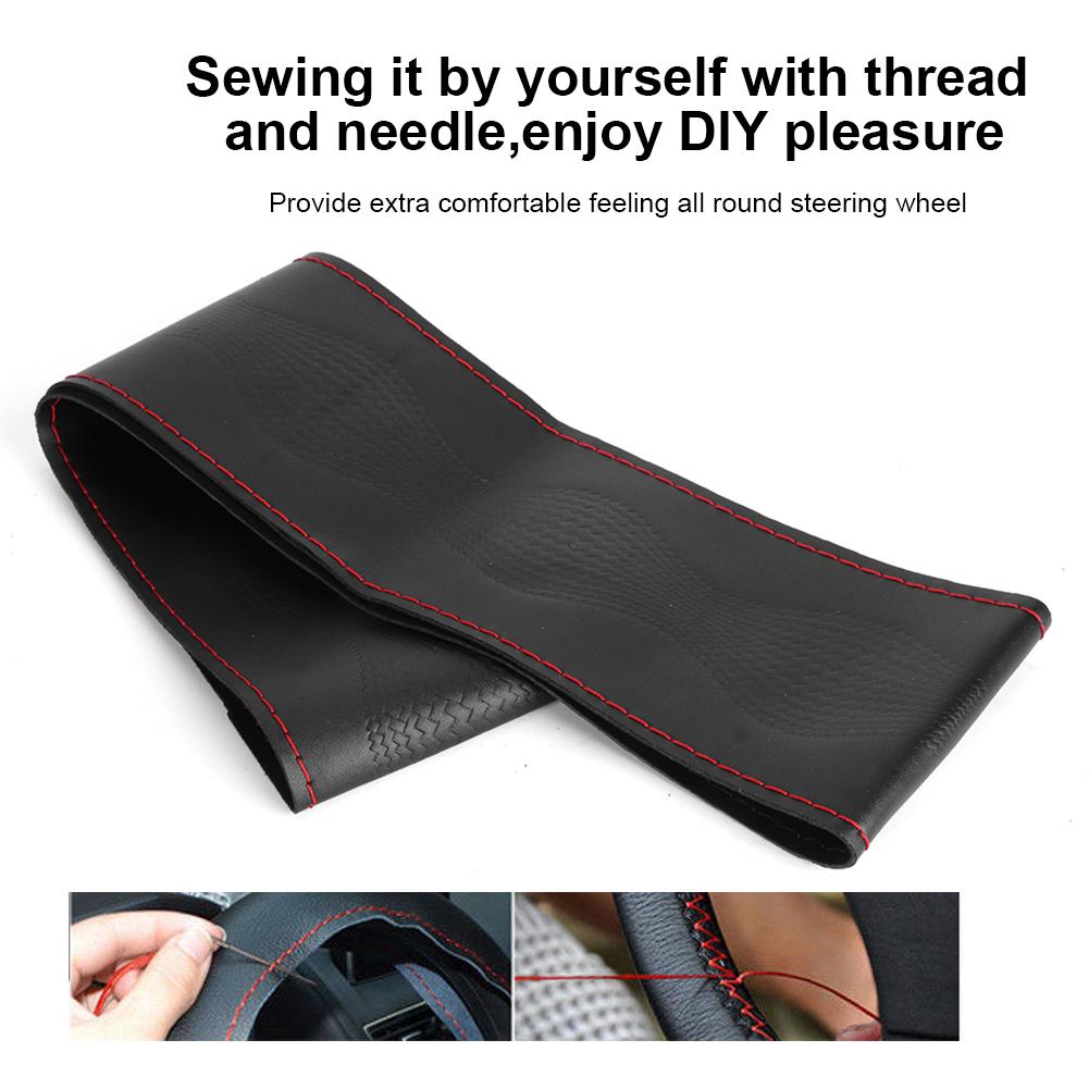 38cm 15in Leather Steering Wheel Cover Embossing Needles&Thread Kit Car Interior Decoration(Black Red )