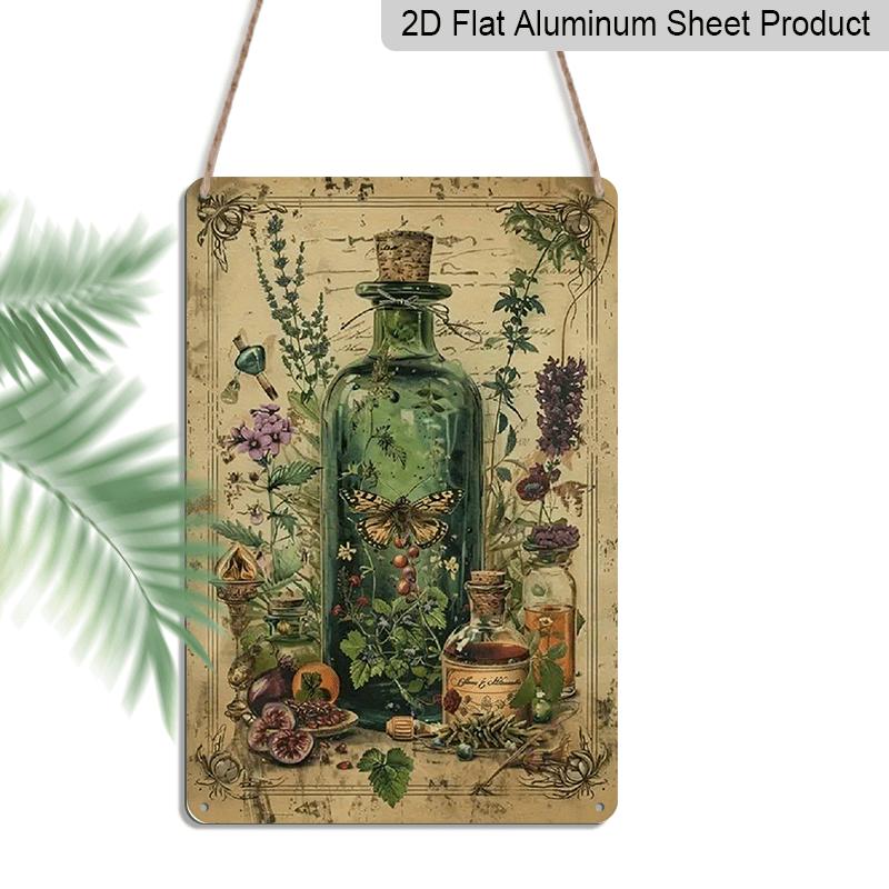

2D Flat Vintage Metal Wall Art Featuring Decorative Signs and Aluminium Plaques of Herbal Potions, Showcasing Rustic Plant Prints with Glass Bottles 20*30cm