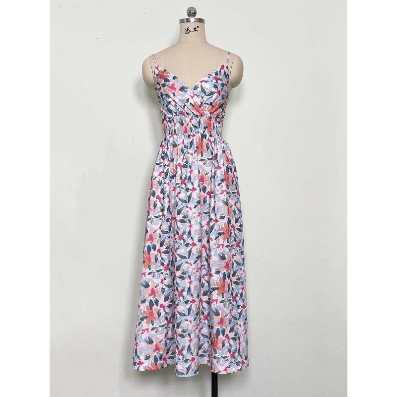 Summer Floral Printing Suspender V-neck Dress Women Elegant Loose Slim Waist Holiday A-line Party Dresses Sleeveless Fashion Casual Women's Clothing