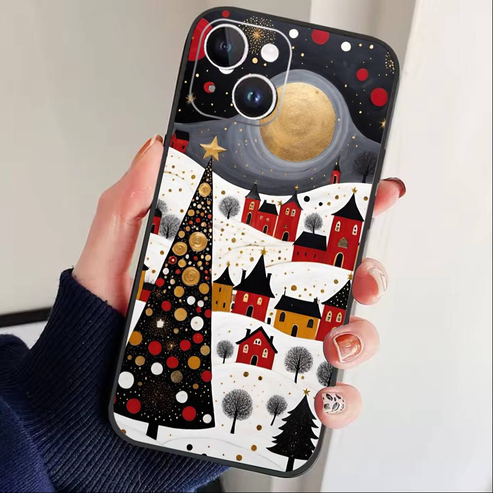Whimsical landscape Starry Night Phone Case For iPhone17,16,15,14,13,12 Plus,Max Soft Silicone Black Cover