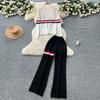 Autumn Winter Women Striped Knitted Sweater Vintage Two Piece Trouser Set V-neck Pullover Tops and Wide Leg Pant Suit