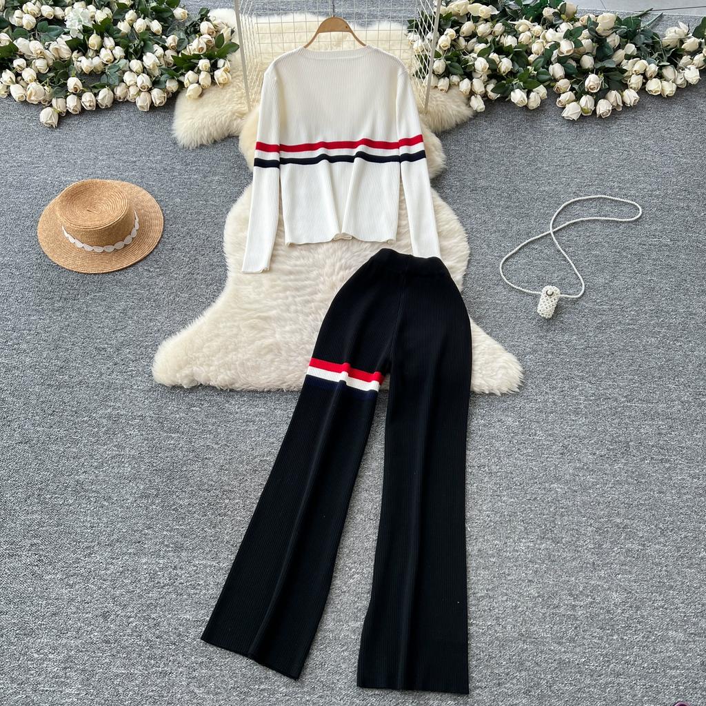 Autumn Winter Women Striped Knitted Sweater Vintage Two Piece Trouser Set V-neck Pullover Tops and Wide Leg Pant Suit