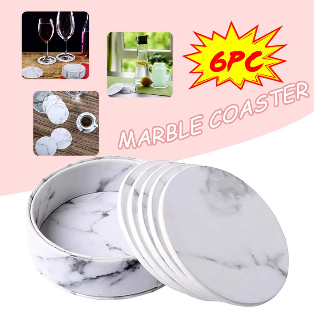6pcs Marble Heat Insulation Drink Coasters w// Holder Cup Mat Costers Tableware