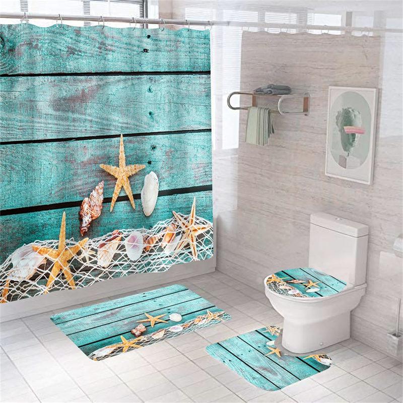4Pcs/Set Print Shell Starfish Shower Curtains Ocean Beach New Bath Mat Set Waterproof Bath Curtain Polyester Anti-slip Carpet Toilet Rugs