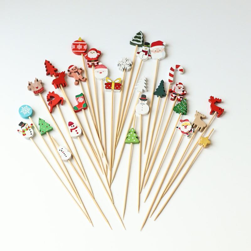 100Pcs Festive Christmas Fruit Skewers With Santa, Snowflake And Tree Designs - Disposable Bamboo Skewers For Parties, Desser