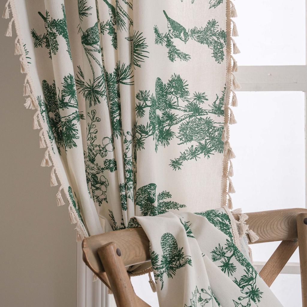 Green Floral Farmhouse Curtains Living Room Semi-Blackout Drapes Cotton Linen Boho Window Curtain with Tassel Decor, Rod Pocket