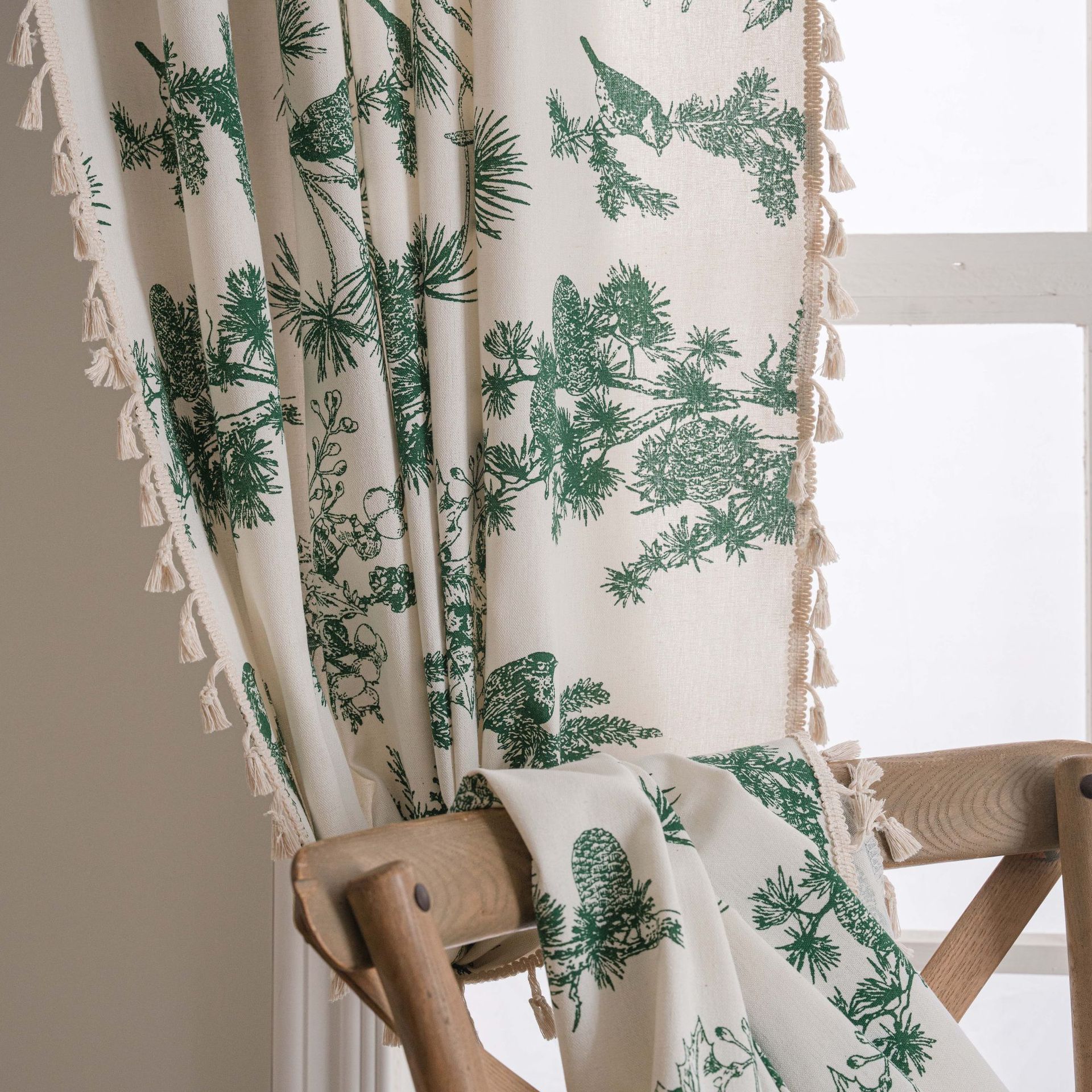

Boho Curtain for Bedroom, Printed Cotton Linen Rod Pocket Semi Blackout Farmhouse Tassels Window Treatment for Living Room W60xH90cm&Rod Pocket