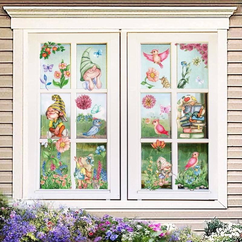 9 Sheets Spring Flower Butterfly Gnomes Window Sticker Reusable PVC Decal Glass Door Clings for Home School Party Decors