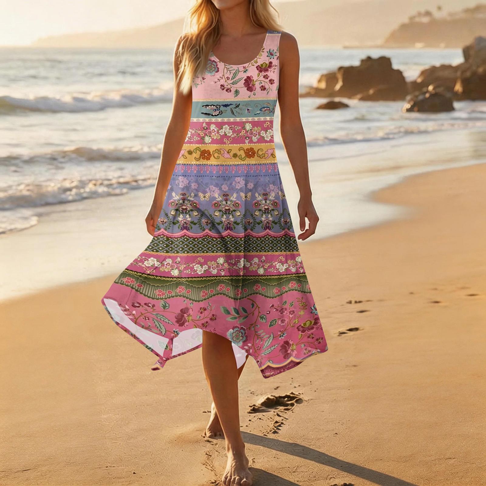 

Sleeveless Floral Print Midi Dress with Scoop Neck and Asymmetrical Hem Lightweight Casual Summer Sundress for Women XXL