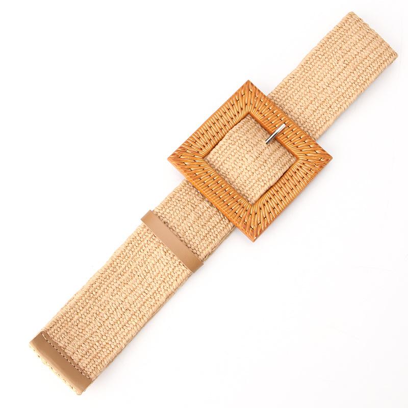 Imitation Grass Woven Women'S Elastic Belt Personalized Large Plastic Buckle Dress Elastic Waist Seal