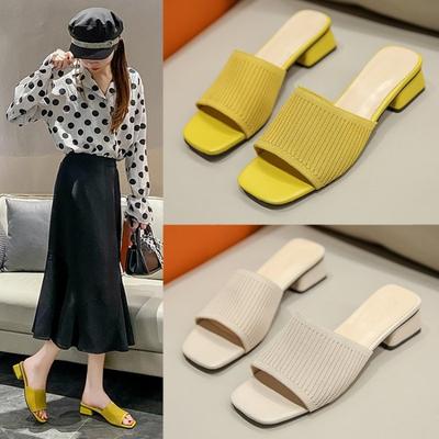 New Fei-woven Women's Shoes Square-toed One-piece Flip-flops Thick Heels Fashionable Mid-heeled Cool Flip-flops