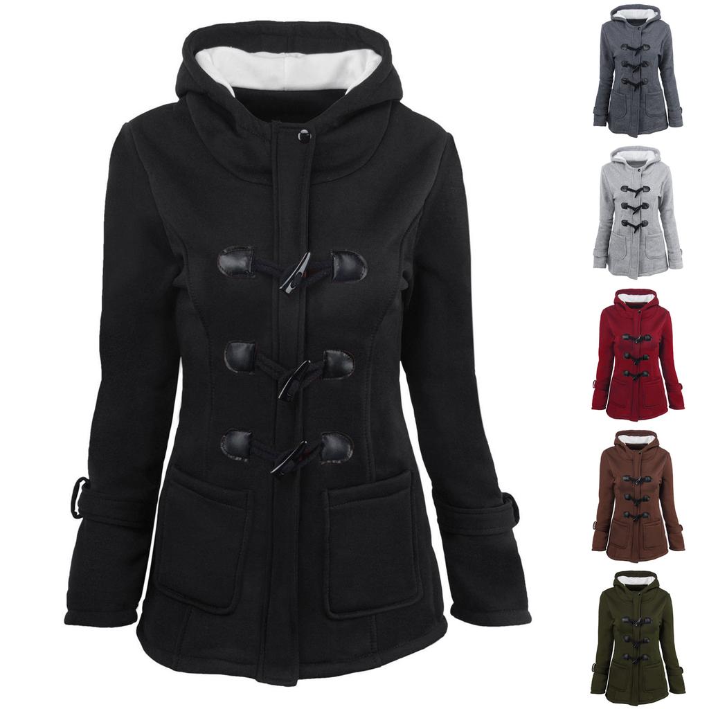 Women's Solid Color Long Sleeved Hooded Cow Horn Buttoned Jacket Jacket