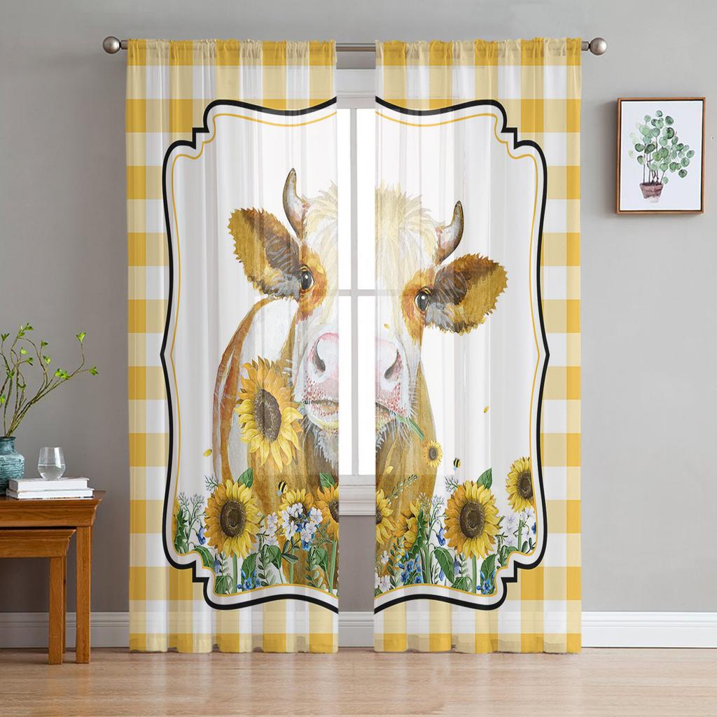 American Country Style Sunflower Cow Sheer Curtains for Living Room Modern Voile Curtain Bedroom Tulle Curtains Window Drapes