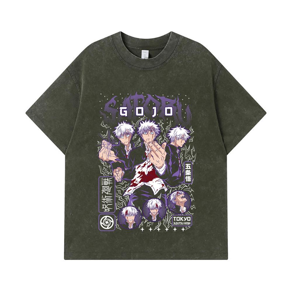 275 GSM Washed T-shirts 100% Cotton Jujutsu Kaisen V24 Gojo Print Unisex Heavy Cotton T Shirt