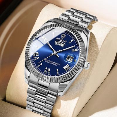 Relógio clássico masculino negócios à prova d'água moda azul aço inoxidável automático calendário semana relógio de pulso luminoso