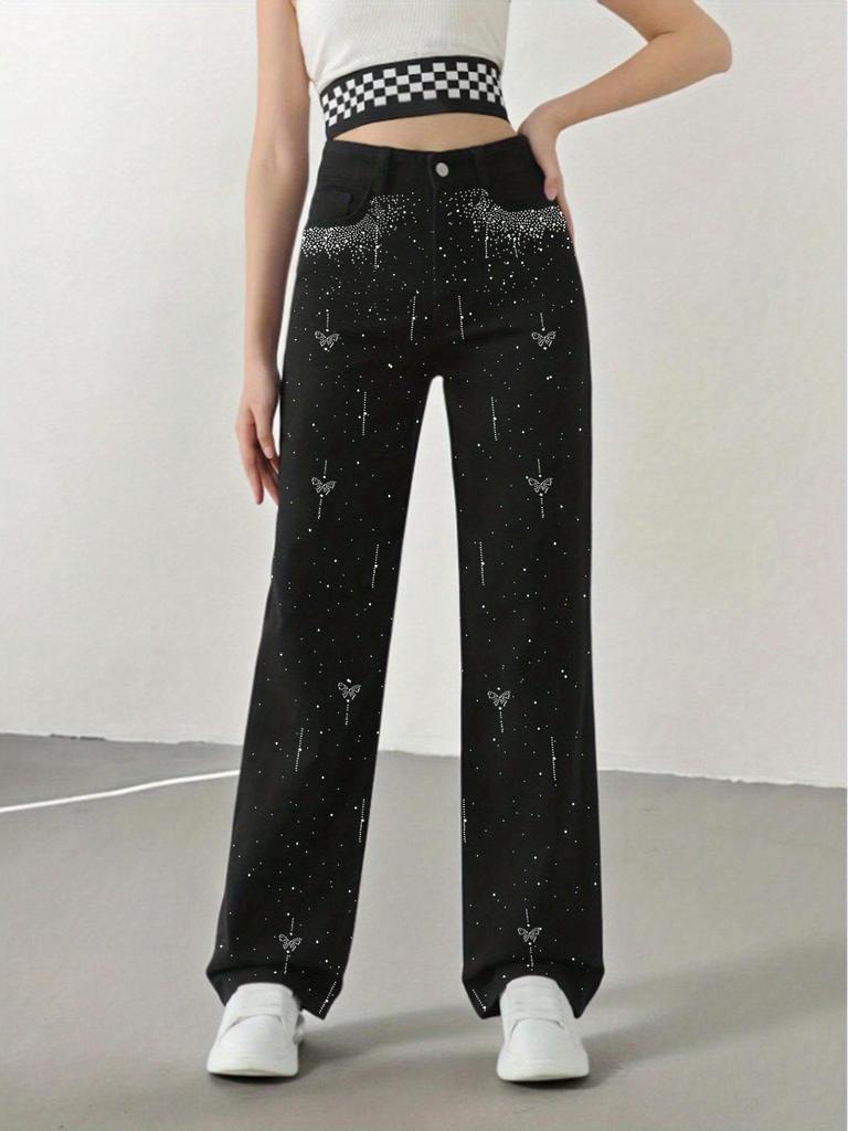 Women's Rhinestone Straight-Leg Jeans with Butterfly Design: Stylish and Comfortable
