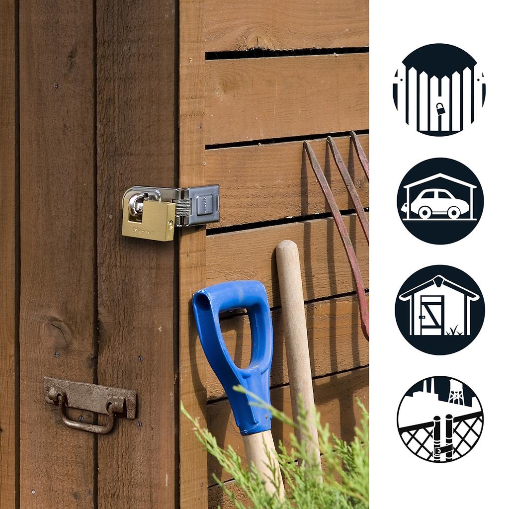 Master Lock Pack including Door Hinged Hasp and Rectangular Keyed Padlock