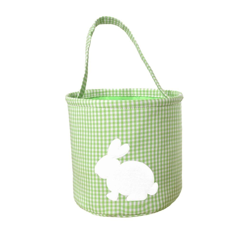 Reusable Embroidery Easter Rabbit Basket Cloth Plaid Easter Egg Hunt Basket Tote Style Decorative Storage Bag School Event