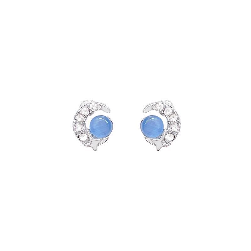 Blue Cat's Eye & Bow S925 Silver Needle Moon Star Earrings - Chic & Versatile Design for Women