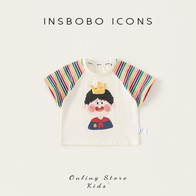 Insbobo Mixed Color Stripe Cartoon Trendy Short Sleeve Boy s Print T-Shirt 90