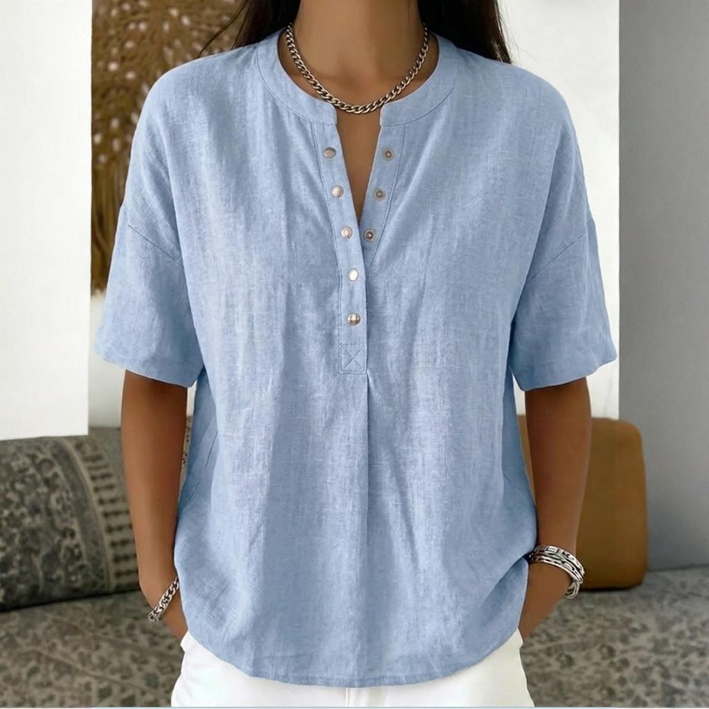 Women’s Short Sleeve Henley Linen Shirt Casual Loose Fit Blouse with Button Front and Round Neck for Everyday Wear