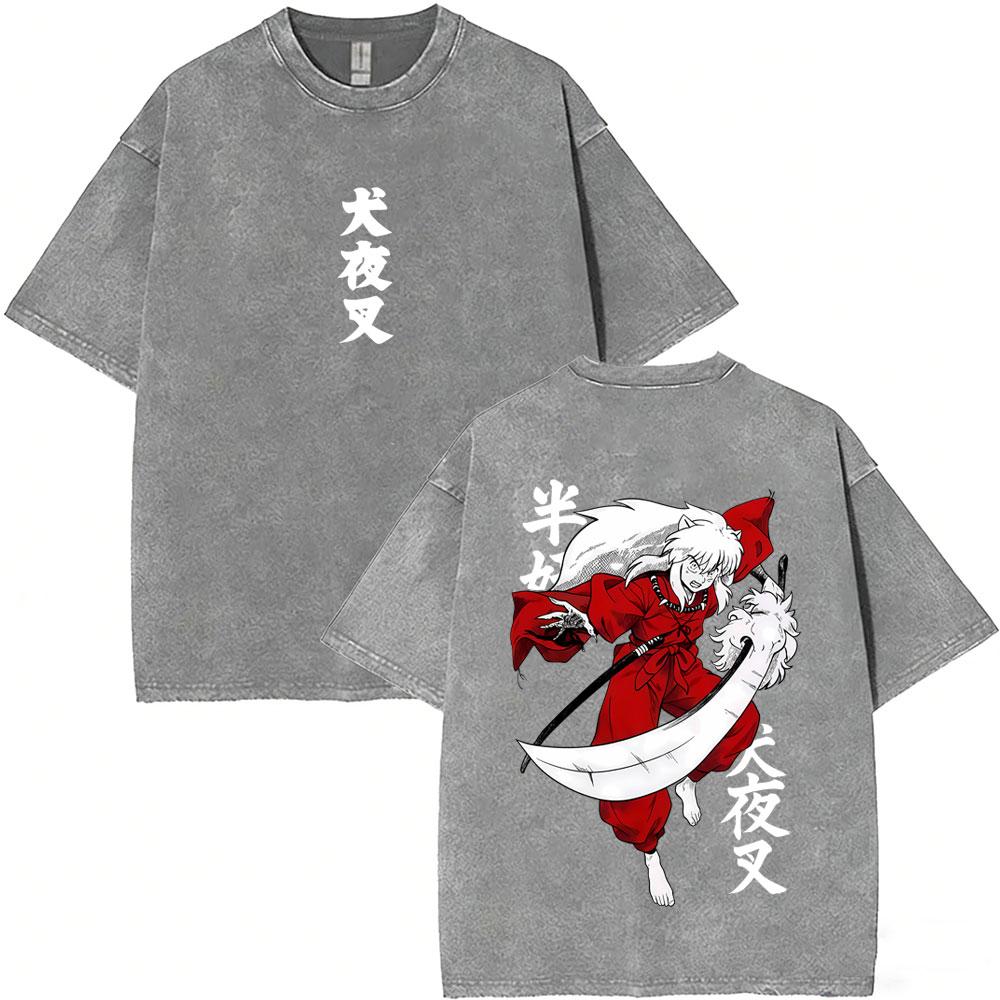 T-shirt Vintage Lavata Anime Inuyasha Sesshomaru Merch Uomo Donna Casual Oversize T-shirt Uomo Divertenti Cartoni Animati Harajuku T-shirt